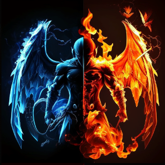 Fantasy character, half ice half fire angel